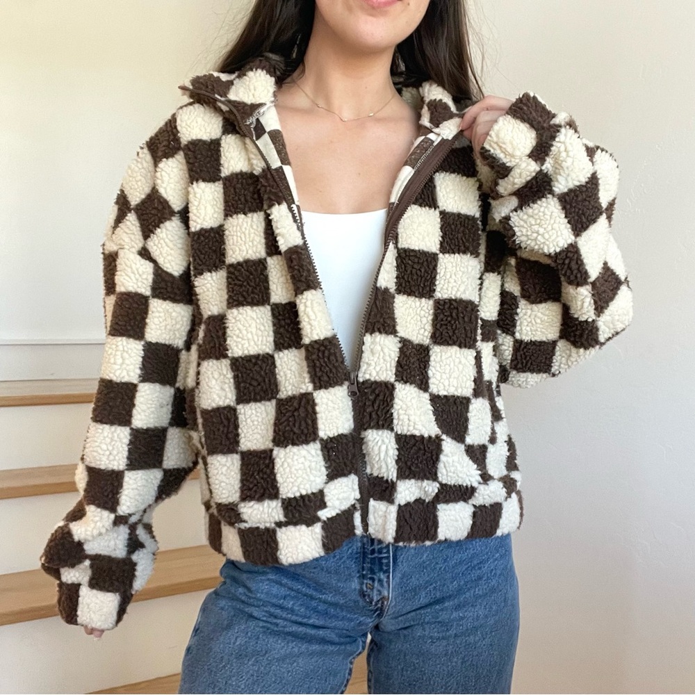 Cozy Checkered Teddy Jacket - Cream and Brown